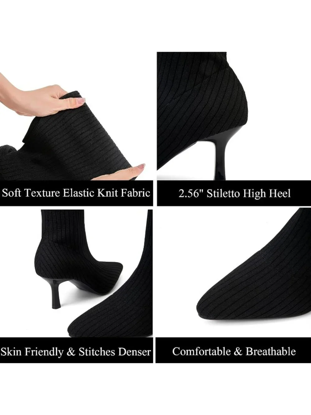 Women's Black Pointed Toe Synthetic High Heel Stretch Over The Knee Knit Boots